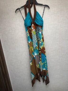 XOXO Turquoise & Brown Patchwork Halter Maxi Dress